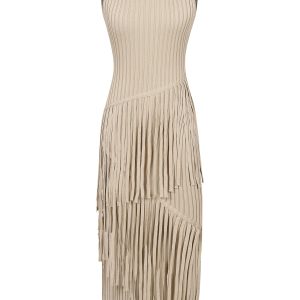 Sleeveless Rib Knit Midi Fringe Dress