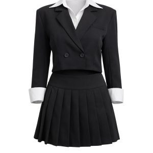 Cropped Blazer With Contrast Collar and Tennis Skirt Set