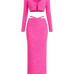 Textured Knit Bra Top, Cardigan and Maxi Skirt Set