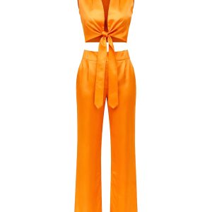 Front Tie Crop Top and Wide Leg Pants Set