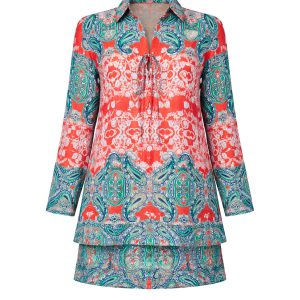 Woven Print Lace Up Shirt and Skirt Set