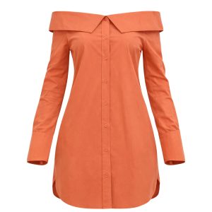 Cotton Off Shoulder Button Down Shirt Dress