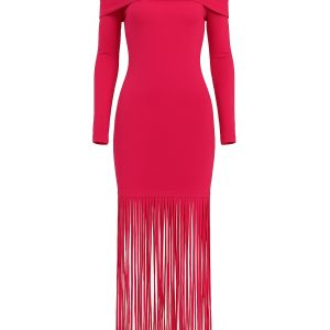 Turn Heads Knit Off Shoulder Long Sleeve Fringe Dress