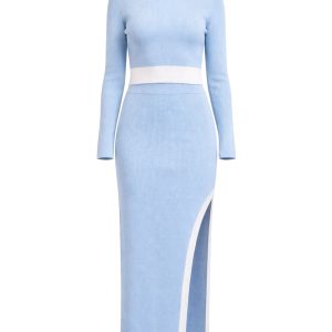 Jia Knit Cropped Bell Sleeve Top and Midi Skirt with Contrast