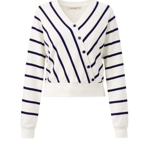 Elysia Knit Stripe Long Sleeve Surplice Top With Button Detail