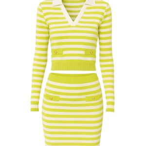 Lily Stripe Knit Collar Long Sleeve Top and Mini Skirt Set