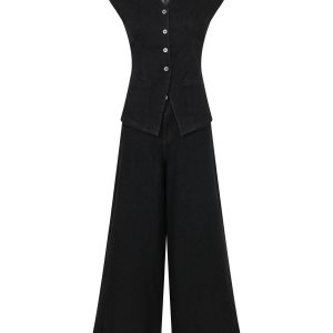 The Denim Ease Woven Long Vest & Wide Leg Pants Duo