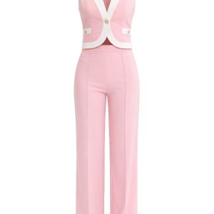 Madeline Woven Two Tone Round Hem Vest & Pants Set