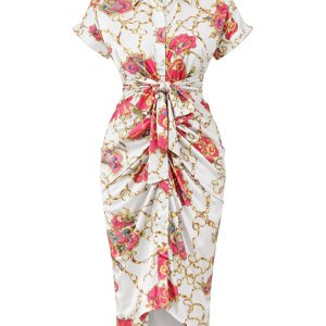 Woven Print Midi Dress With Waist Tie Detail