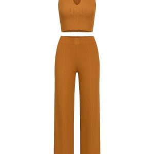 Sleeveless Collar Crop Top and Pants Set