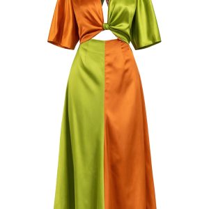 Satin Color Block Midi Dress