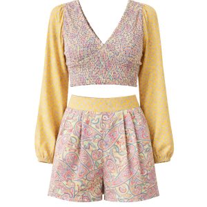 Whimsy Paisley Long Sleeve Crop Top & Shorts Set