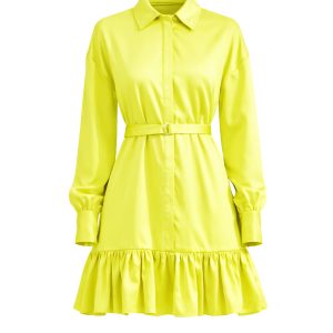 Satin Shirt Mini Dress With Pleated Hem and Belt