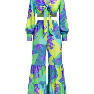 Dream Big Woven Print Front Tie Crop Top and Tiered Pants Set