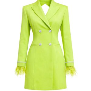 Woven Blazer Dress With Feather Cuff