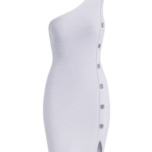 Bandage One Shoulder Mini Dress With Rhinestone Buttons