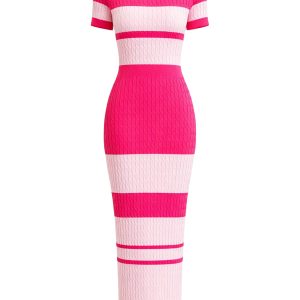 Hug The Body Stripe Cable Knit Short Sleeve Midi Dress