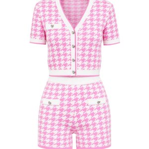 Sweet Talk Knit Houndstooth Short Sleeve Cardigan & Shorts Set