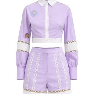 Woven Crop Shirt and Shorts Set With Embroidery