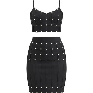 Bandage Studded Crop Top and Skirt Set