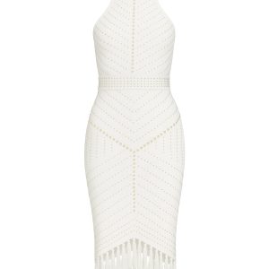 Glow Era Bandage Halter Pearl Embellished Dress With Fringe