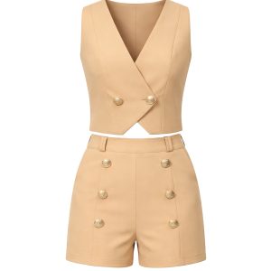 Woven Double Breasted Vest & Shorts Set