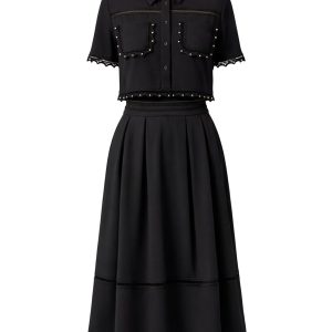 Looking for Me Woven Short Sleeve Top and Midi Skirt Set with Studded Trims