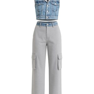Arleen Mixed Fabric Denim Vest and Cargo Pants Set