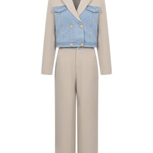 Denim Contrast Crop Blazer With Pants Set