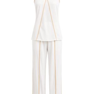 Astrid Elegance Woven Sleeveless V-Neck Tunic & Pants Set With Contrast Binding