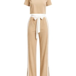 All Occasions Woven Short Sleeve Crop Top and Pants With Contrast Set