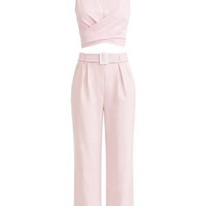 Keeping It Smart Woven Sleeveless Crop Wrap Top and Pants With Belt Set