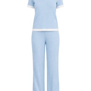 Happy Camper Rib Knit Short Sleeve Top and Pants Set With Contrast