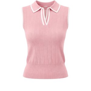 Rib Knit Collar Short Sleeve Top With Contrast