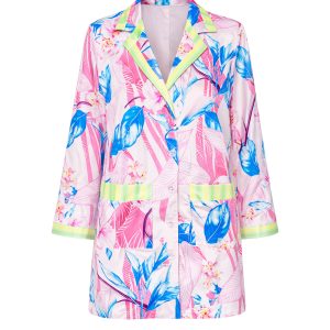 Long Sleeve Floral Printed Satin Button Shirt Dress