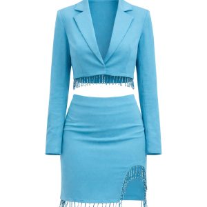 Long Sleeve Cropped Blazer and Mini Skirt Set With Trim