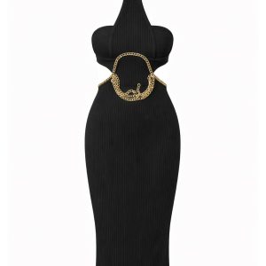 Bandage Halter Neck Midi Dress With Chain Trim