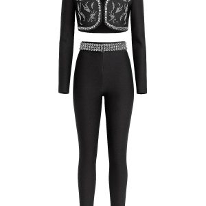 Bandage Embellished Cropped Jacket and Pants Set
