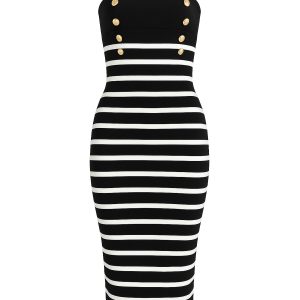 Stripes & Sculpt Bandage Tube Dress With Embossed Buttons