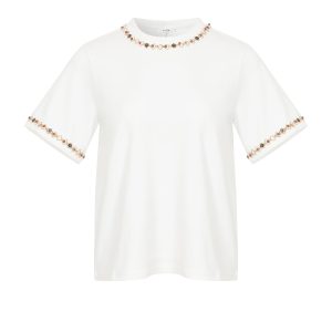 Flower Beaded Trim Knit Short Sleeve Top