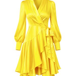 Satin Long Sleeve Wrap Dress