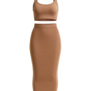 Bandage Sleeveless Crop Top and Midi Skirt with Mesh Cutout