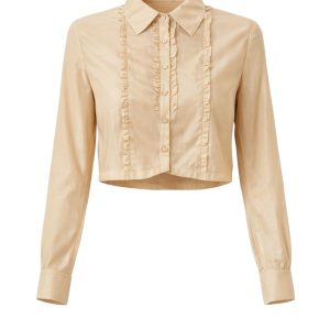 Woven Sheer Tuxedo Shirt With Ruffles
