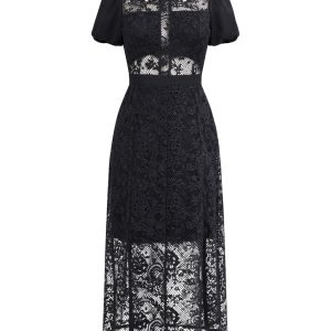 Woven Lace Short Sleeve Midi Dress With Crystal Embellishment