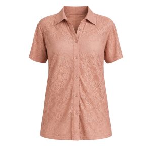 Stretch Lace Short Sleeve Button Down Top