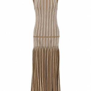 Pinstripe Knit Godet Sleeveless Midi Dress