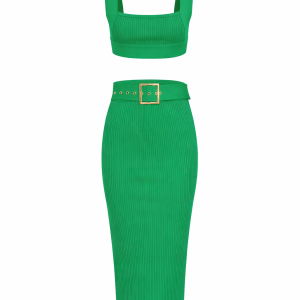 Fashionably Late Bandage Crop Top And Midi Skirt With Belt Set