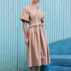 V Neck Zip Front Solid Poplin Midi Dress