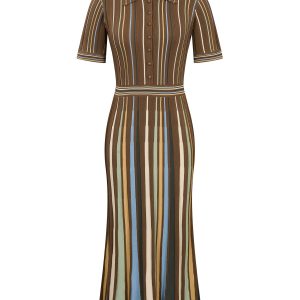 Knit Short Sleeve Midi Dress with Multi Pinstripes