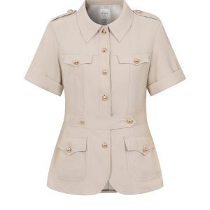 Woven Short Sleeve Safari Jacket with Gold Accent Buttons